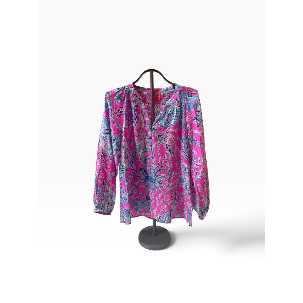 Lilly Pulitzer Elsa Silk Top Pink Blue Floral Coral Smocked Blouse XL